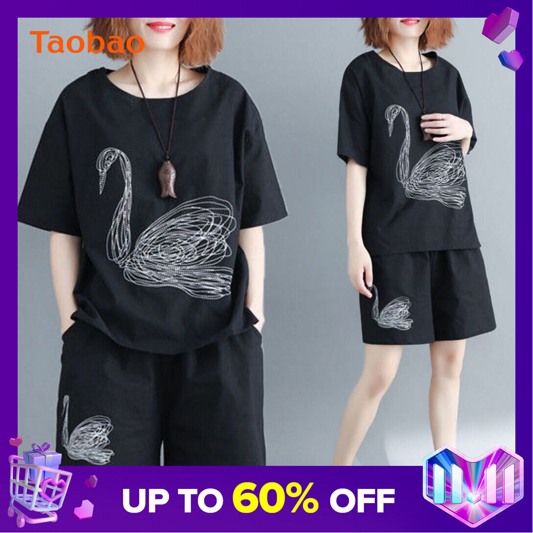 2021summer Fat Women's Sportswear Short-Sleeved Shorts New Embroidered Loose Large Size Slimming for Plump Girls Two-piece Set