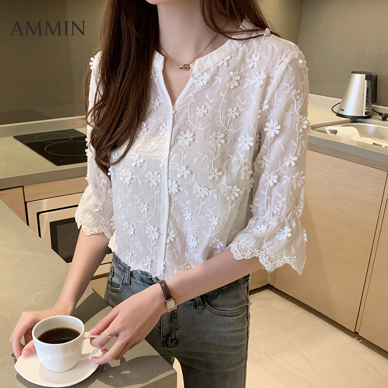 AMMIN new short-sleeved Lace shirt For embroidered white cotton flared sleeve Top lady top