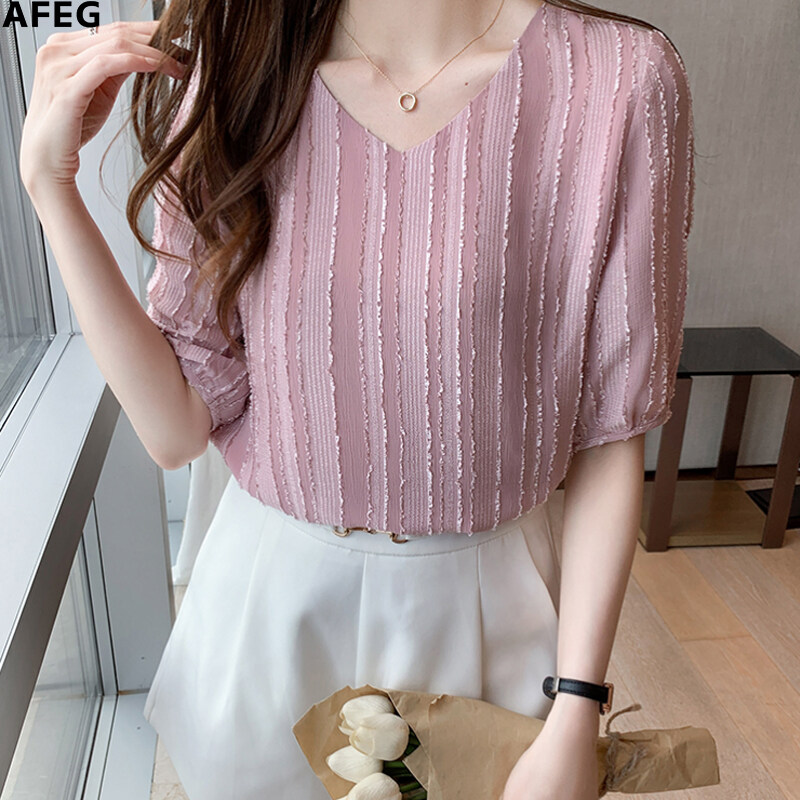 AFEG new Korean style V-neck fashion loose all-match chiffon short-sleeved blouse for women