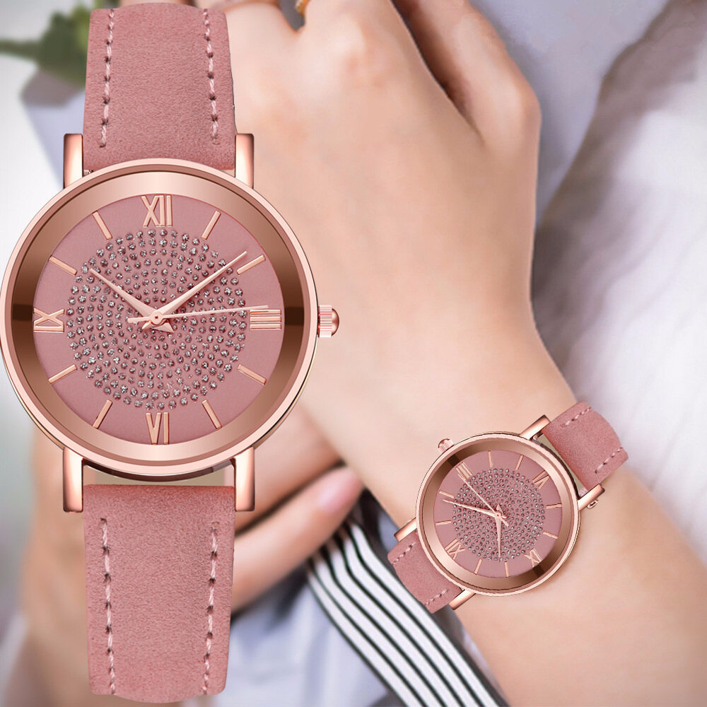 【♡Lovely girls house♡】Fashion Simple Rhinestone Round Quartz Wrist Watch with Stainless Steel Dial Leather Strap Watches for Women Luxury Jewelry Gifts