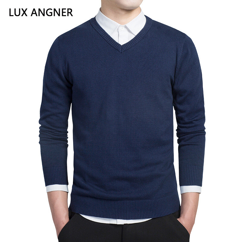 LUX ANGNER Autumn Winter 100% Cotton Sweater Men Casual Solid V neck Pullover Sweaters Men Fashion Knitted Warm Sweater
