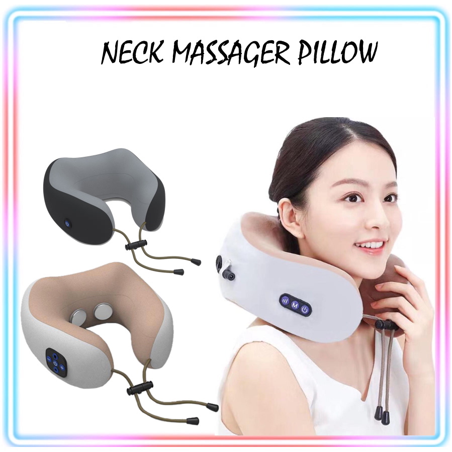 [Free Gift Bundle Set] USB Rechargeable Electric Neck Massage Pillow Kneading Vibrate Massage U-shape Head Support Massager Shoulder Cervical Muscles Pain Relief Sleep Travel Pillows For Office Home C